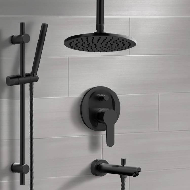 Tub and Shower Faucet Matte Black Tub and Shower System with 8 Inch Rain Ceiling Shower Head and Hand Shower Remer TSR42